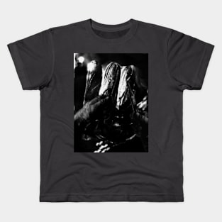 Digital collage, special processing. Unknown fields. Person holding two spikes near mystic alien like construction. Grayscale. Kids T-Shirt